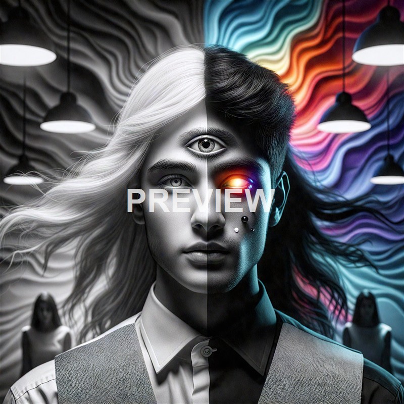 A surreal black and white portrait of a woman with additional facial features, including a third eye on her forehead and a glowing eye, with a colorful, abstract, wave-like background and three women standing behind her.